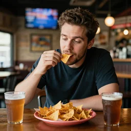 a man sitting in a sports bar eating nachos