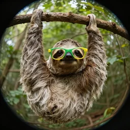 a sloth hanging from a branch, wearing green and yellow glasses, hd photo, from below, fish-eye lens