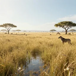 distant cyberpunk wildlife on the african plains, long grass, sparkling water, glistening, hyper realistic, hyper detailed, digital art, trending in artstation, cinematic lighting, studio quality, smooth render, unreal engine 5 rendered, octane rendered, by beksinski