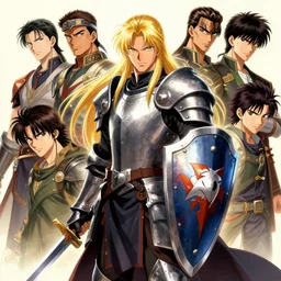long blond hair man in armor, shield and scimitar, by craig mullins, ruan jia, kentaro miura, greg rutkowski, loundraw