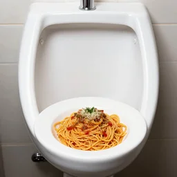 food photography of spaghetti in a urinal, bon apatite, creepy photo