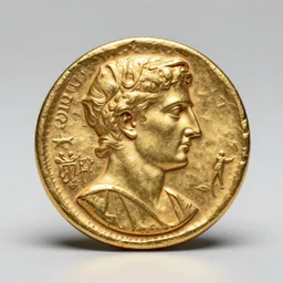 an ancient roman gold coin with the universal symbol, close up photo, ultra realistic, studio photo, bokeh, 4 k, hd, centered