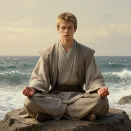 a young male jedi with short dark blonde hair meditating on a rock, concept art by Doug Chiang cinematic, realistic painting, high definition, concept art, portait image, path tracing, serene landscape, high quality, highly detailed, 8K, soft colors, warm colors, turbulent sea, high coherence, anatomically correct, hyperrealistic, concept art, defined face, five fingers, symmetrical