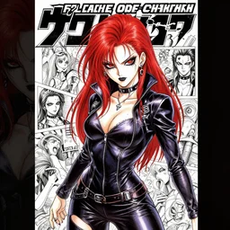 professional late 2 0 0 0 s seinen manga cover art of goth woman with red hair, red eyes, leather clothes, black makeup. chunibyo. horror cyberpunk action manga cover promotional art. detailed and intricate environment. pencils by ilya kuvshinov and painted by zdzislaw beksinski, inked by tsutomu nihei
