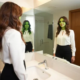 ultra wide angle color photo of angie harmon dressed in a white blouse and black dress pants as jen walters looking at herself in a bathroom mirror and seeing her reflection as the green skinned she hulk