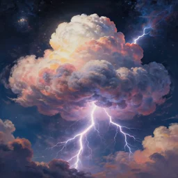a detailed and realistic painting of a huge colourful cloud in space, with lots of other clouds around, with incredibly huge lightning with 8 k resolution, in the artistic style of fantasy art