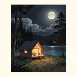 ( ( dither ) ), editorial illustration looking up at a cozy lakeside cabin designed by zaha hadid in a forest at night very dark sky, moon clouds, colorful modern, mads berg, karolis straututniekas. ( ( christopher balskas ), fine texure, dynamic perspective, detailed, matte print, muted color, lomography, dramatic lighting