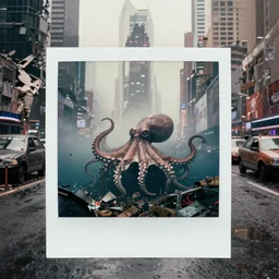 octopus in postapocalyptic abandoned destroyed times square, wrecked buildings, destroyed flipped wrecked cars, underwater polaroid photo, vintage, foggy, 1 9 8 5, neutral colors, rainy day, color photo by gregory crewdson