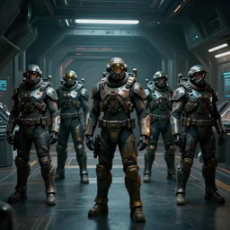 heavily armed cuberpunk guards in space uniforms patrolling the spaceship main hall, cyberpunk, moody, intense, luminescent, rule of thirds, fresh, golden ratio, ambient lighting, syd mead, greg rutkowski, wlop, artgerm, trending on artstation, highly detailed masterpiece