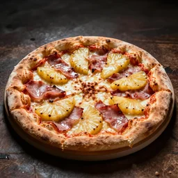 one round tasty pizza with pineapple and ham, made in italy, ultra realistic, artstation