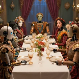 a table dinner of robots where robots are dressed like the characters from the midsommar movie, ornate, sharp focus, wide shot, trending on artstation, masterpiece, by greg rutkowski, by ross tran, by fenghua zhong, octane, soft render, ultrarealistic, colorful, cinematic