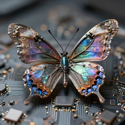 5 5 mm macro photo of a little futuristic mechanical butterfly. intricate complex circuitry and iridescent microchips. dof. bokeh. by artgerm and luis royo. highly detailed 8 k. intricate. lifelike. realistic sony a 7 r iv. soft light. cinematic processing