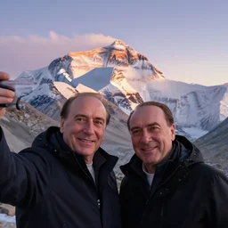 silvio berlusconi taking a selfie with a dramatic sunrise from the top of mount everest, unreal engine, 7 0 mm lens no blur