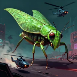 digital Illustration full shot of a huge tettigonia viridissima mutant being chased by helicopters. cyberpunk noir, trending on artstation