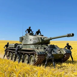 a high resolution image from nier : automata, featuring 9 s android fighting an armoured vehicle resembling a russian t 3 4 tank in yellow rye field under pure blue skies