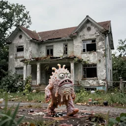 1 9 7 0 s photography, slimy and cancerous fat monster walking outside old abandoned house