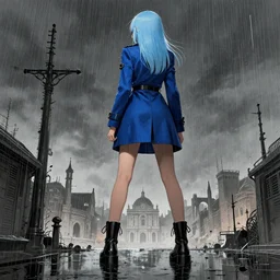 low - angle shot from behind of a girl with light blue straight hair in a blue tailcoat overlooking noxia, combat boots, noir, sharp focus, intricate, illustration, wet reflections, rain, highly detailed, art by frank frazzeta, james jean