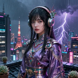 portrait futuristic succulent cyberpunk young female Mage, in futuristic rainny thunder flashing tokyo rooftop cyberpunk night, ssci-fi, fantasy, intricate, very very beautiful, elegant, neon light, highly detailed, digital painting, artstation, concept art, soft light, hdri, smooth, sharp focus, illustration, art by tian zi and craig mullins and WLOP and alphonse mucha