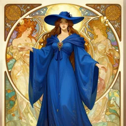 Female wizard with blue robes, digital art, art by Alphonse Mucha, Greg Rutkowski, Alex Ross, WLOP, Artstation, 8K
