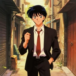 salary man in small alley in golden gai in the 8 0 s, vaporwave nostalgia, 8 0 s anime, trending on artstation