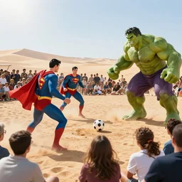 supermen and hulk playing soccer at desert, a crowd watching they play