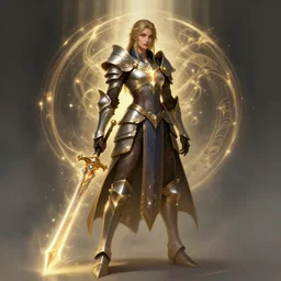a character concept art by illustrator at riot games!! by artgerm, greg rutkowski and alphonse mucha. arcane!! t pose, full body!! clear portrait of a lonely attractive people heavy armored!! fantasy weapon!! light effect. hyper detailed, glowing lights!! intricate, elegant, digital painting, artstation, smooth, sharp focus