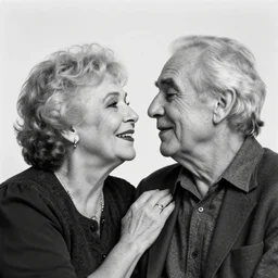 poignant portrait black and white photo of an old couple wearing kiss makeup, laughing at each other, nostalgia, love