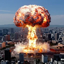 a single mushroom cloud formed by an h - bomb explosion in the middle of tokyo, war photography, in the combination of daft punk style and akira style, popular on artstation, unreal engine, aerial photo, nvidia graphics,.