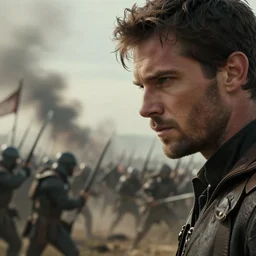 close up cinematic artwork of Ben shapiro staring down the enemy on the battlefield by Greg Rutkowski, 4k, masterpiece