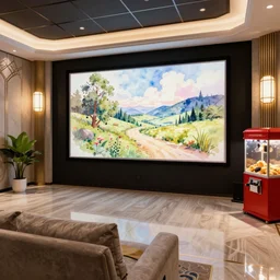very wide view of a modern home movie theater with giant projector screen!!, detailed art deco decoration!, wall lights, plant, popcorn machine, very very beautiful watercolor painting!!!, trending on artstation