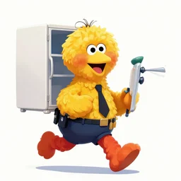 big bird sesame street running from the police carrying a fridge