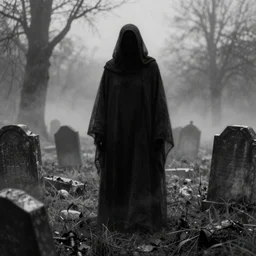 a phantom black figure in a foggy graveyard scene. Rendered in black and white. Charcoal