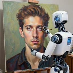 robot artist painting a self - portrait on a canvas. intricate, highly detailed, digital matte painting, in the style of alexandros pyromallis, and in the style of sachin teng, and in the style of hans thoma, and in the style of robert mcginnis. irony, recursion, inspiration.
