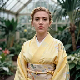 head to waist medium format portrait photograph of scarlett johansson wearing a yellow kimono in a tropical greenhouse. super resolution. 85 mm f1.8 lens.bokeh.graflex.