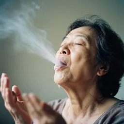 analog photographic portrait with 5 0 mm lens and f / 1 2. 0 of a 8 1 years old woman woman with her eyes closed and spurting from her mouth a white viscous fluid floating in the air. with a slight variation of light in the liquid and gesture.