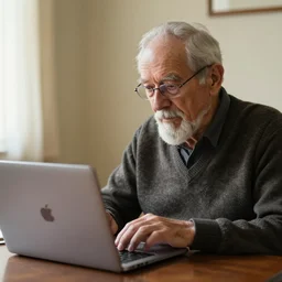 an unbelievably old man using a macbook