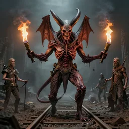 airbrush baphomet, maggot railway, of rotten flesh, syd mead, enric torres, alberto bontempi, hyper realism, narrative light, muted colors, epic, hyper detailed, awe inspiring, award winning horror, torch lighting, hyper realism, cinematical