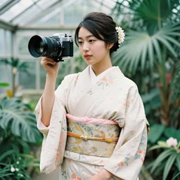 fashion photograph of a beautiful Japanese woman wearing a traditional kimono in a tropical greenhouse, by Annie Leibowitz, by Alessio Albi, extremely detailed, large format camera, Kodak Portra film, 85mm lens, bokeh, blurred background, photorealistic, trending on instagram, trending on artstation