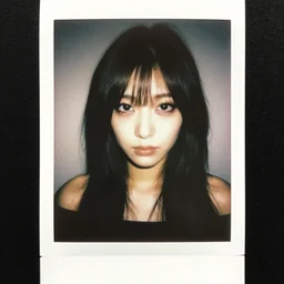 upper body polaroid photograph of female japanese model in emo makeup, long hair, fringe. pretty and detailed eyes