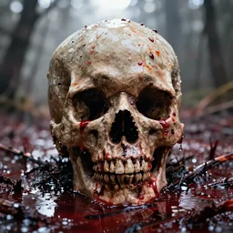 a wet oozing horrifying skull in a swamp of blood, dark, backlit, 8 k
