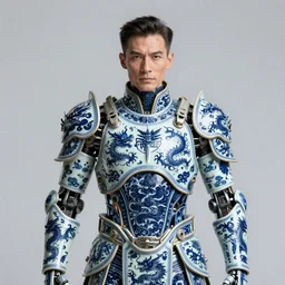 portrait of a man wearing porcelain cyborg armor, Chinese Kangxi Blue and white dragon pattern porcelain, subject in the center of the frame, wide angle shot, diffuse lighting, fantasy, intricate, elegant, highly detailed, lifelike, photorealistic, digital painting, artstation, illustration, concept art, smooth, sharp focus, art by John Collier and Albert Aublet and Krenz Cushart and Artem Demura and Alphonse Mucha