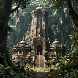 detailed sci - fi concept art of a detailed ancient temple in an overgrown forest, depth of field, unreal engine, artstation, award - winning realistic sci - fi concept art by greg rutkowski and yoshitaka amano, in the style of james gurney.