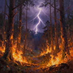 a forest in flames with lightning in the background, oil painting, beautiful, enchanting, nature