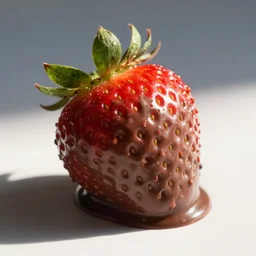 a strawberry covered in melted chocolate, tasty, studio lighting,