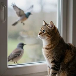 cat staring outside a window looking at birds, hyperdetailed, artstation, cgsociety, 8k