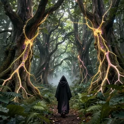a hooded ancient wizard walking through a beautiful forest of ancient neurons with yellow and pink glowing synapses running through the forest, light creeps through the dense jungle, huge incredibly immense trees, highly detailed, hyperrealism, trending on art station, ancient forest like fanal forest or fangorn forest, misty forest, realistic painting, sharp image, hyper realistic art, highly detailed leaves, cinematic, art by konstantin razumov, chiaroscuro