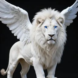 Winged Majestic White Lion in the style of Anna Lakisova, blue-eyes, Digital Art, Matte painting, volumetric lighting, 4k res