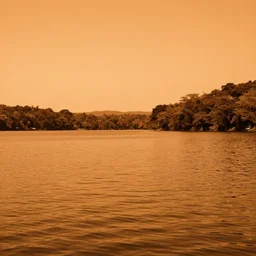 photo of a lake, orange, monochromatic