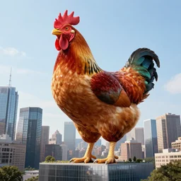 colossal giant chicken towering over city scape, emerging from behind a building, HD ultra realistic, detailed reflections