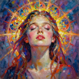 realist pop - art oil painting, thick paint, portrait of a young woman, ecstacy, illumination, fibonacci fractals, vibrant colours,